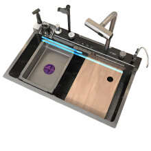 Premium Stainless Steel Digital Kitchen Sink Set with Large Waterfall Pull-Out Faucet & Honeycomb Embossed Design