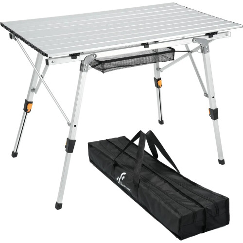 Adjustable Height Aluminum Folding Camping Table with Mesh Layer - Portable Roll-Up Design for Outdoor Picnic, Camp Kitchen, and Garden Use