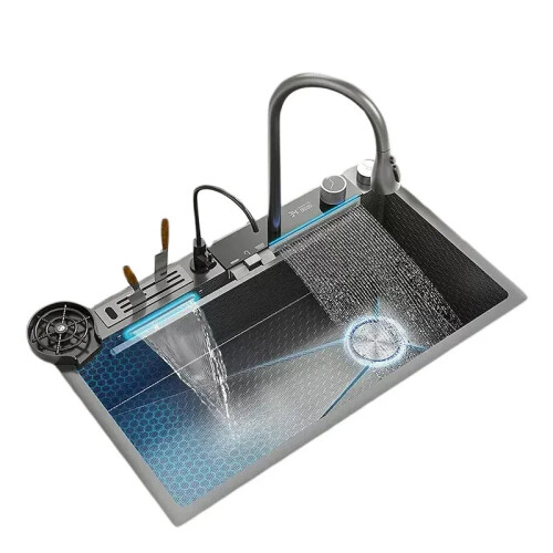 Smart Waterfall Kitchen Sink with Digital Display - Modern Multifunctional Single Bowl Design