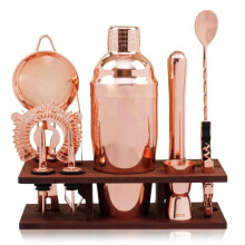 Exquisite Copper Polished Barware Set with Wooden Stand – Premium Cocktail Shaker & Metal Bar Tools for Home & Restaurant Elegance