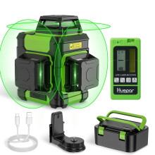 Huepar 3D Green Beam Laser Level with Self-Leveling Cross Line, Laser Detector & Magnetic Bracket - Model HM03CG