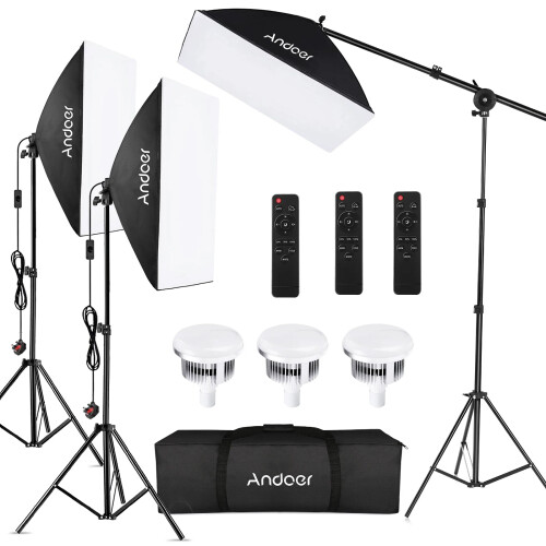 Complete Andoer Studio Light Kit: 85W LED Softbox Set with Adjustable 2800K-5700K Color Temperature, Includes Three 50x70cm Softboxes, Three