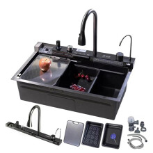 Premium 304 Stainless Steel Double Waterfall Kitchen Sink with Integrated Digital Display Faucet, Soap Dispenser & Cup Washer