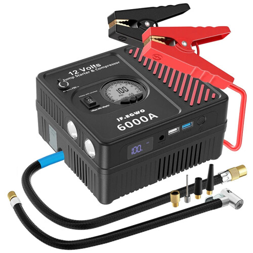 JFEGWO 2000A/3000A/6000A Professional Car Booster Jump Starter with High-Performance Compressor Pump