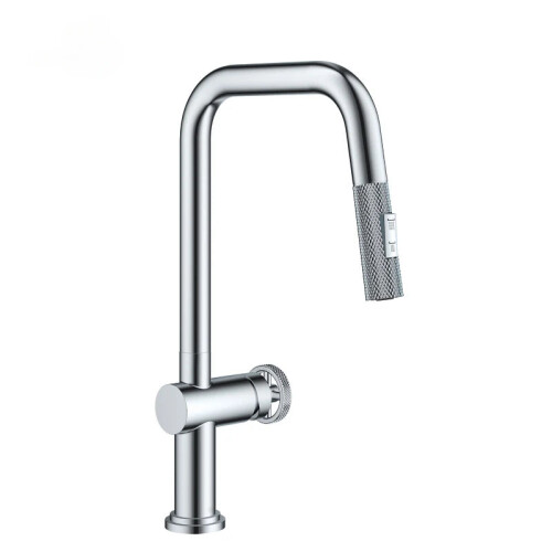Polished Chrome Industrial Pull-Down Sprayer Kitchen Faucet with Single Knurled Handle
