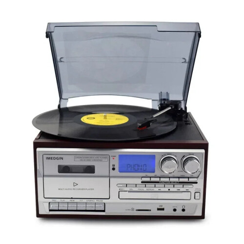 Vintage Bluetooth Vinyl Record Player with Hi-Fi Sound, 3-Speed Adjustable Gramophone & Multi-Function C-Port