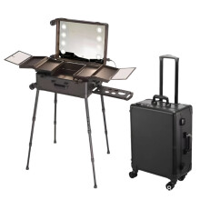 Professionele make-up koffer met spiegel, verlichting, uittrekbare plank en verstelbare poten op 4 wielen