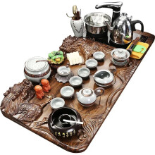Elegante dienblad van massief hout met paarse zand Kung Fu-theeset - Perfect voor inductiekookplaten, drinkgerei en theeservies collectie