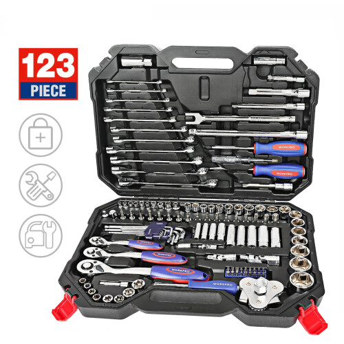 WorkPro 123-Piece Multi-Function Car Repair Tool Set with Ratchet Spanner, Wrench & Socket
