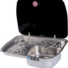 Stainless Steel & Black Glass RV Gas Cooktop with Integrated Kitchen Sink - Perfect for RV Parts & Accessories