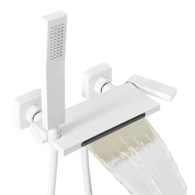 Elegant Wall-Mounted Waterfall Bathtub Faucet Set with Handheld Shower - Single Handle, Hot & Cold Mixer, White Grey Finish