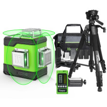 Huepar 3D 12-Line Self-Leveling Green Beam Laser Level with 3x360 Alignment, Includes 2 Li-Ion Batteries