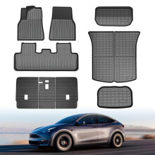 Tesla Model Y alle weersomstandigheden TPE waterdichte vloermatten en kofferbakmatset (5- en 7-zits, 2020-2024) met rugleuningbescherming