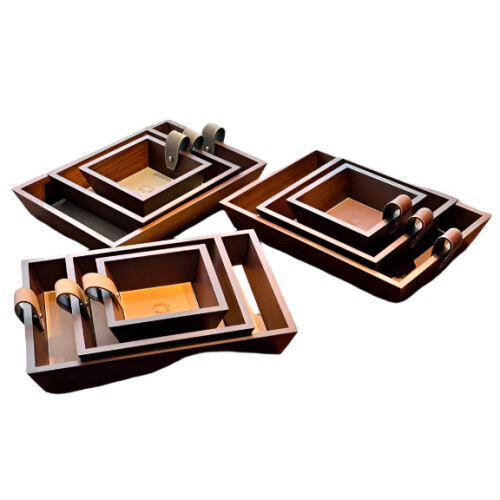 Elegant 3-Piece Solid Wood Storage Tray Set with Cowhide Covers