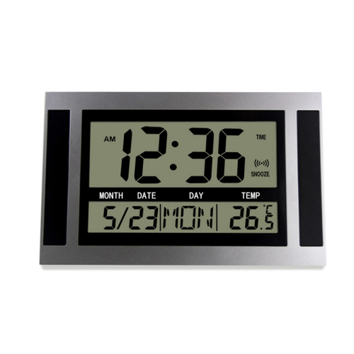 Digital Wall Clock LCD Number Time Temperature Calendar Alarm Silver 1