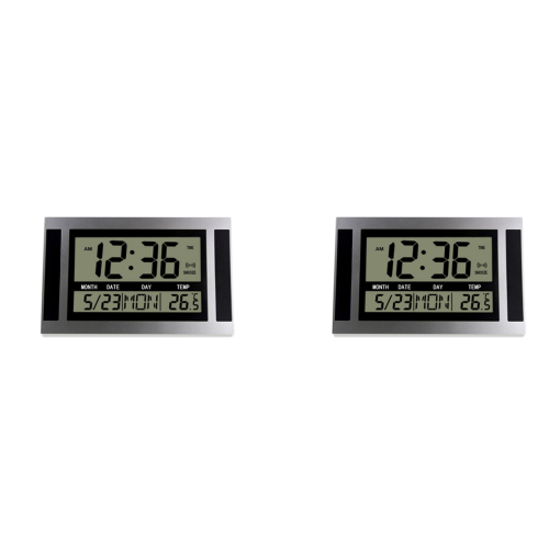 Digital Wall Clock LCD Number Time Temperature Calendar Alarm Silver