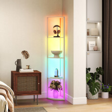 HOMCOM RGB LED Floor Lamp with 5-Tier Shelves, Remote Control for Living Room - Oak Finish - B31-552V70AK