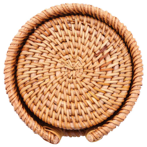 12Pcs/ Drink Coasters Set Round Tableware Rattan Weave Diameter 8Cm 2