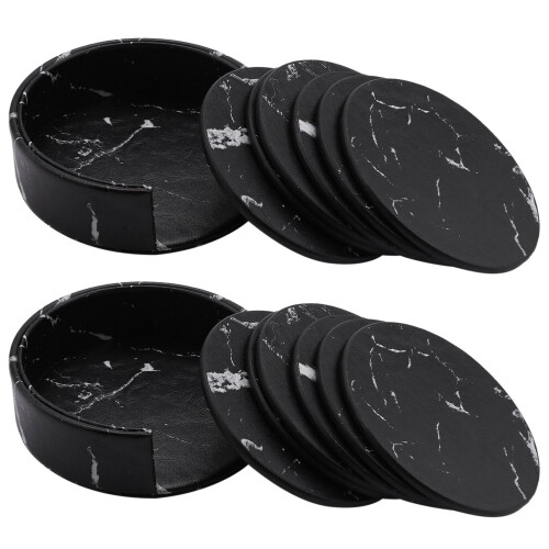 Coasters for 6-Piece with Holder,Black Round Cup Mat Set