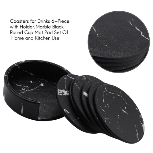 Coasters for 6-Piece with Holder,Black Round Cup Mat Set 2