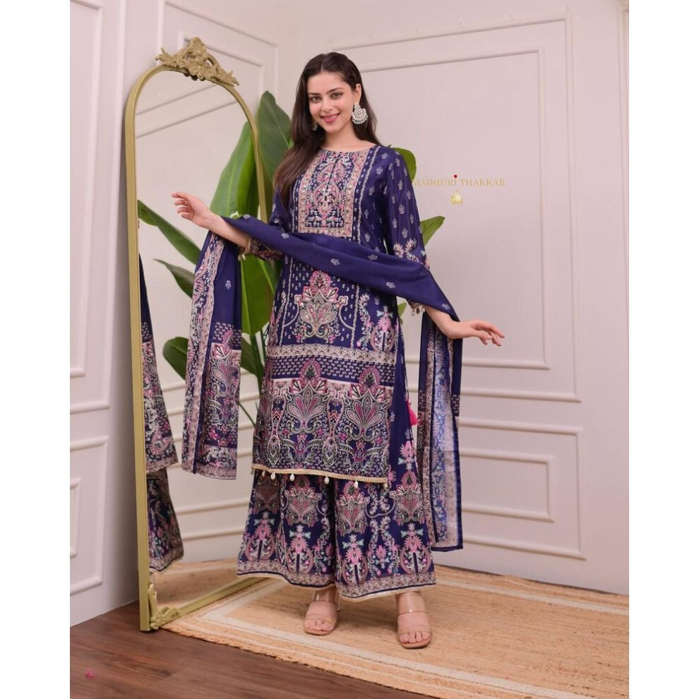 (M) Designer Wear Trending Top With Printed Work With Hand Work With Plazo And Dupatta Set