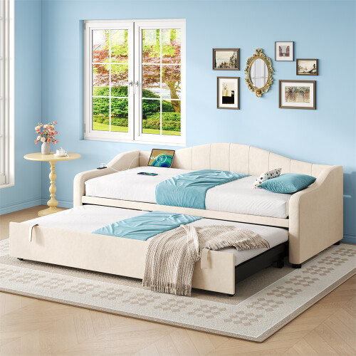 Beige 3ft Upholstered Daybed (90x190cm), Velvet Sofa Bed with USB