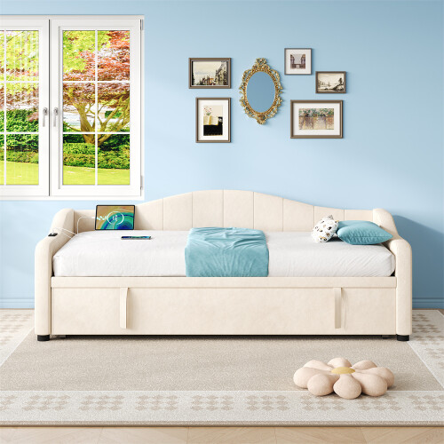Beige 3ft Upholstered Daybed (90x190cm), Velvet Sofa Bed with USB 2