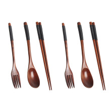 Wooden Flatware Set, Chopsticks Spoon Fork with Black Twining Thread