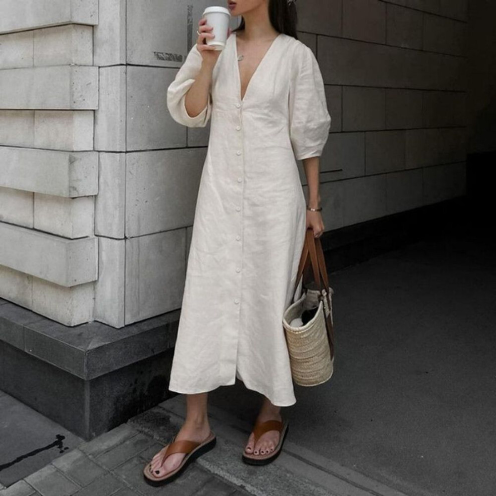 (ivory, XL) Women's Summer Halter Loose V Neck Bubble Sleeve Long Dress