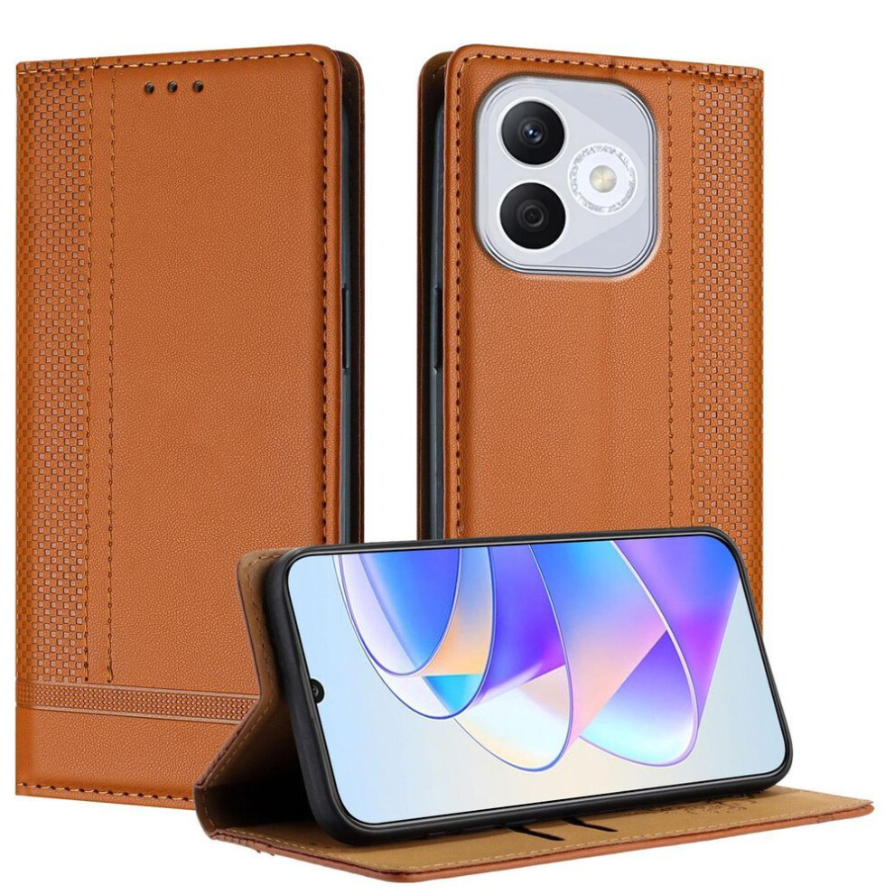 (as the picture, Brown) For Honor 400 Lite Case L-shaped Grid Pattern Leather Stand Phone Cover With Card Slots