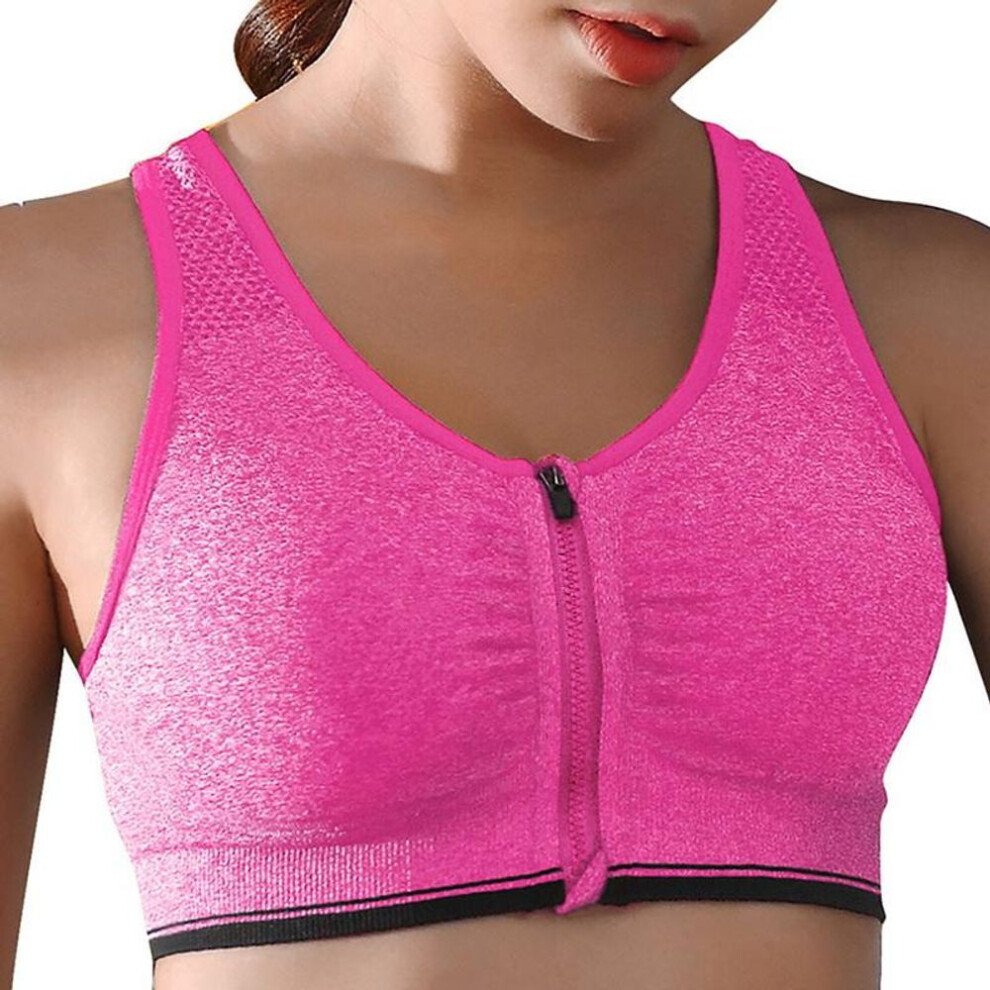 (rose red, XL) Sexy Women Front Zipper Bra Sports Bra Gathered Bra Push Up No Steel Ring Running Bra