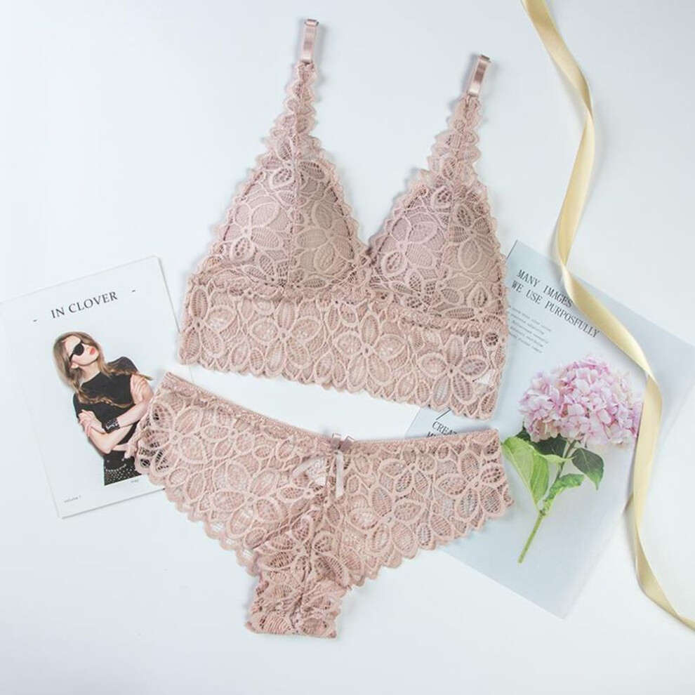 (beige, One Size) Women Fashion Floral Lace Underwear Set Solid Color Bra Panties Bikini Lingerie Set Pajamas Nightwear Set