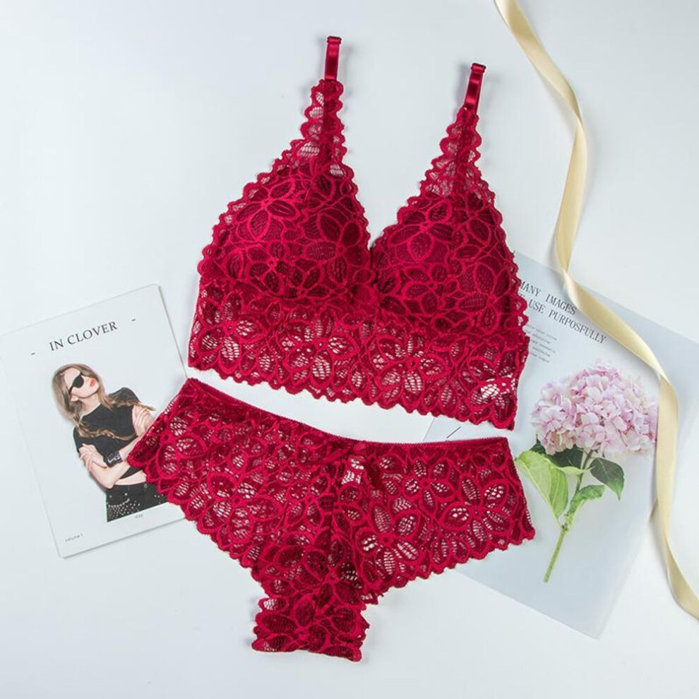 (red, One Size) Women Fashion Floral Lace Underwear Set Solid Color Bra Panties Bikini Lingerie Set Pajamas Nightwear Set