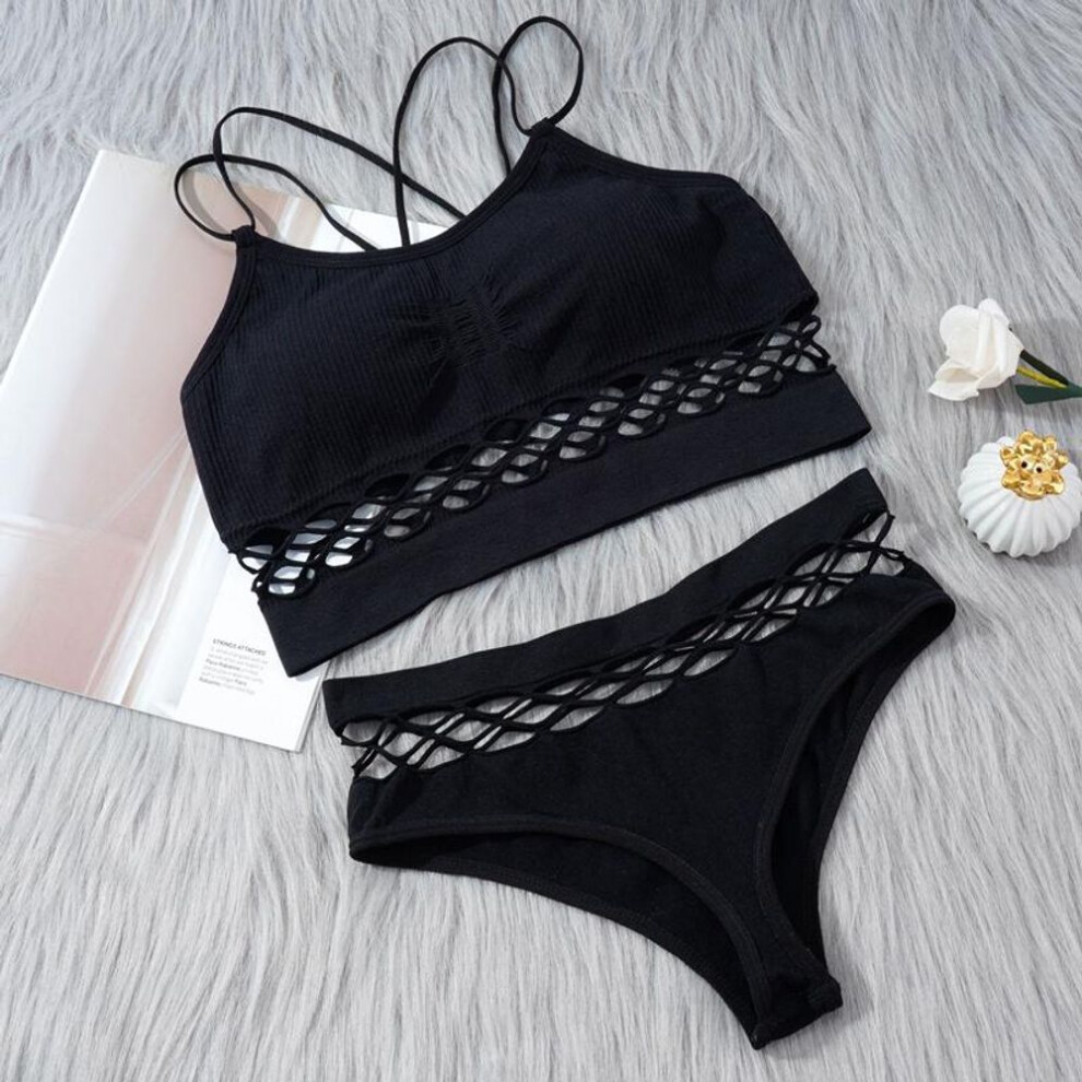 (black, S) Women Tank Crop Top Seamless Underwear Set Female Cross Tube Tops Streetwear Sports Bralette With Thongs Sexy Femme Camisole Lingerie