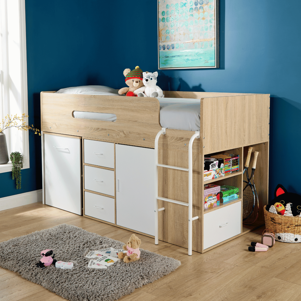Kids Single Cabin Loft Bed Integrated Storage & Drawers Hidden Desk