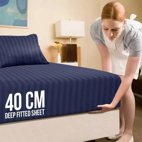 (Double Fitted Bed Sheets Pack of 2, Navy Blue) Extra Deep Fitted Sheet 40CM Bed Sheets 2-Pack