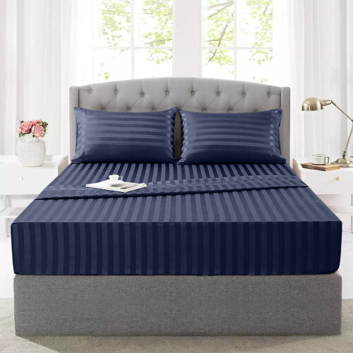 (Double Fitted Bed Sheets Pack of 2, Navy Blue) Extra Deep Fitted Sheet 40CM Bed Sheets 2-Pack 2