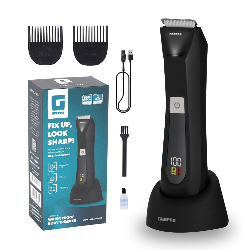 Geepas Full Body Trimmer | Waterproof Wet & Dry Shaver For Face Groin Chest Top To Bottom | 600Mah Rechargeable Ipx5 Ceramic Blade Smart Display