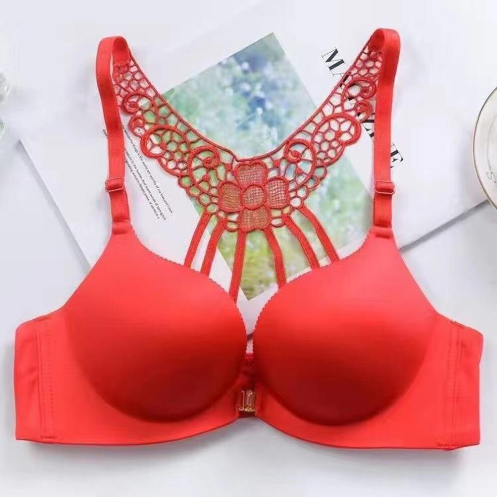 (red, 36/80C) Women's Bra Front Buckle Underwear Lace Sexy Leopard Print No Underwire Beauty Back Bra