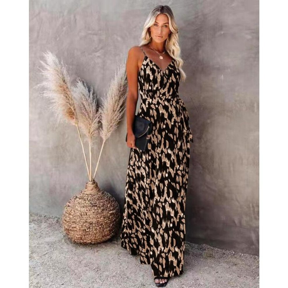 (light brown, 2XL) Summer Woman's Halter Dress Open Halter V-neck Elastic Waist Sexy Print Length Dress
