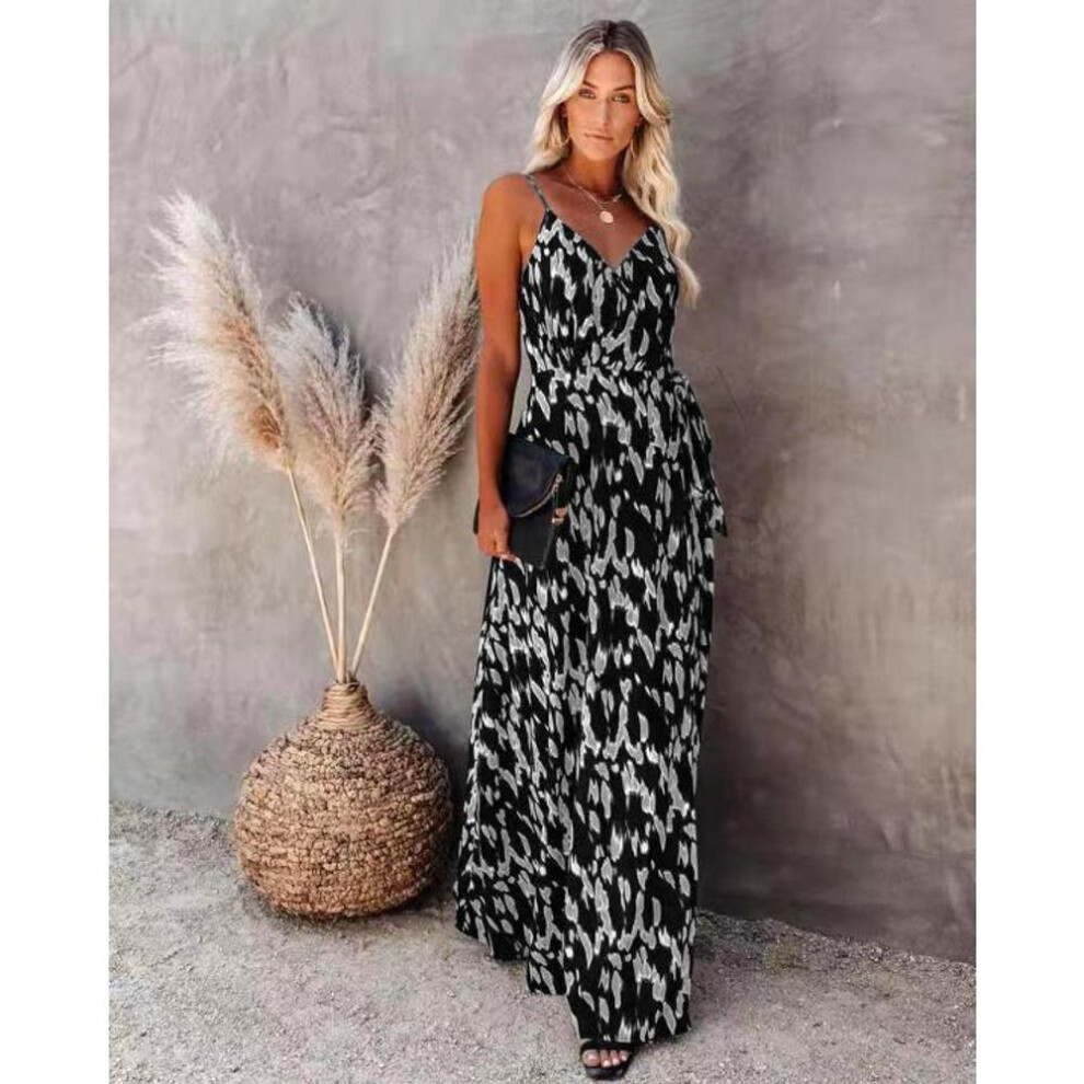 (gray, XL) Summer Woman's Halter Dress Open Halter V-neck Elastic Waist Sexy Print Length Dress
