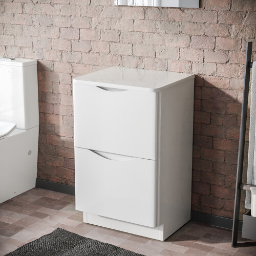 NES Home 500mm Gloss White 2 Drawer Work Top Freestanding Vanity Unit Bathroom | Lyndon