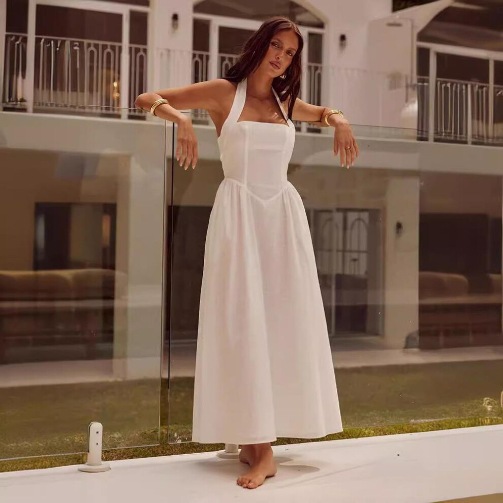 (white, M) Women Spring Sleeveless Strap Slim Halter Dress Summer Casual Ankle-length Backless High Waist Pocket Dresses S-xl