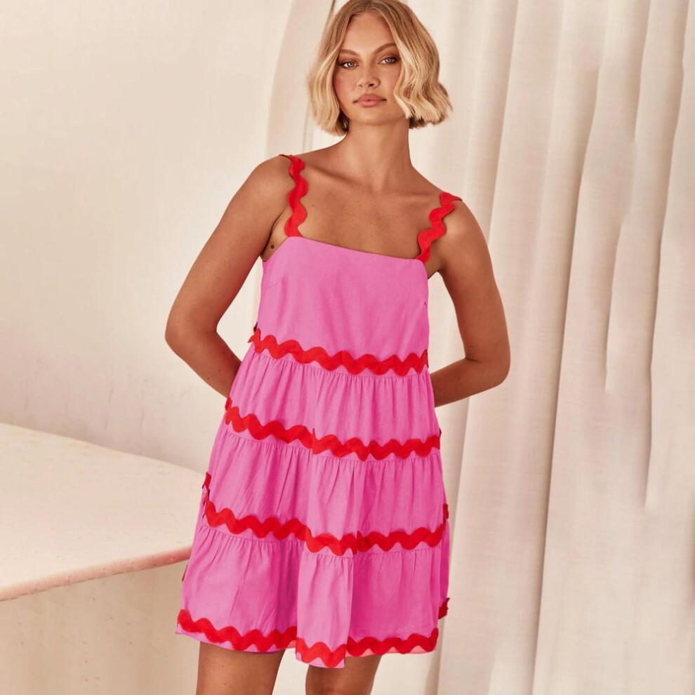 (rose red, L) Women Spring Sleeveless Patchwork One Collar Suspender Camisole Dress Summer Casual A-line Backless High Waist Loose Short Dresses S-xl