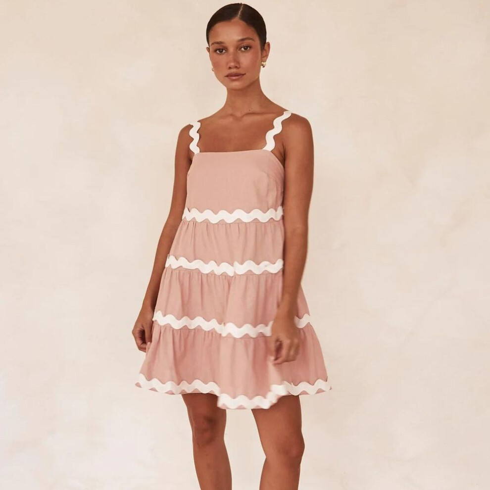 (pink, L) Women Spring Sleeveless Patchwork One Collar Suspender Camisole Dress Summer Casual A-line Backless High Waist Loose Short Dresses S-xl