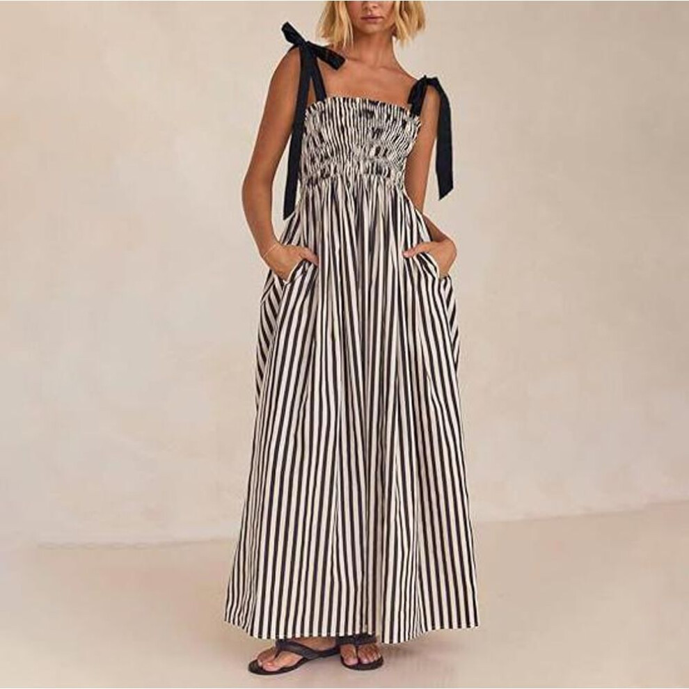 (as the picture, M) Women Spring Sleeveless Striped Printed Slim Elastic Suspender Camisole Dress Summer Casual A-line High Waist Large Swing Pocket Long Dresses S-xl