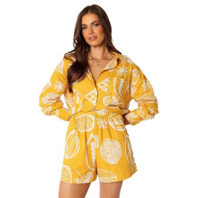 (yellow, M) Women Spring Summer Turn-down Collar Full Sleeve Shirt Cardigan Suit Casual Fruit Print Wide Leg Shorts Two Piece Set S-xl