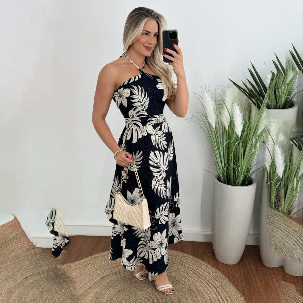 (black, S) Women Spring Floral Print Sleeveless Slim Suspender Hater Dress Summer Casual A-line Backless High Waist Strapless Long Dresses S-xl