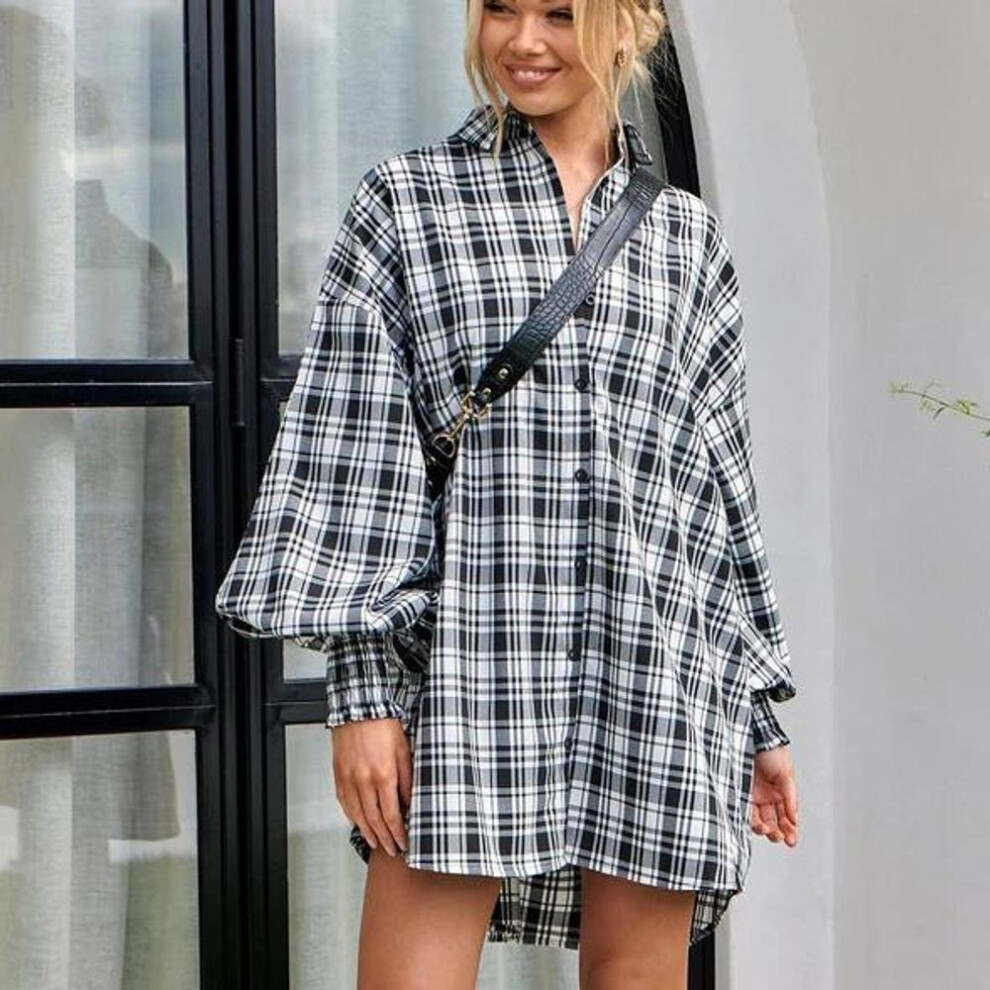 (XL, black) Women Spring Autumn Temperament Large Lapel Collar Plaid Shirt Loose Blouses Long Lantern Sleeve Cardigan S-xl