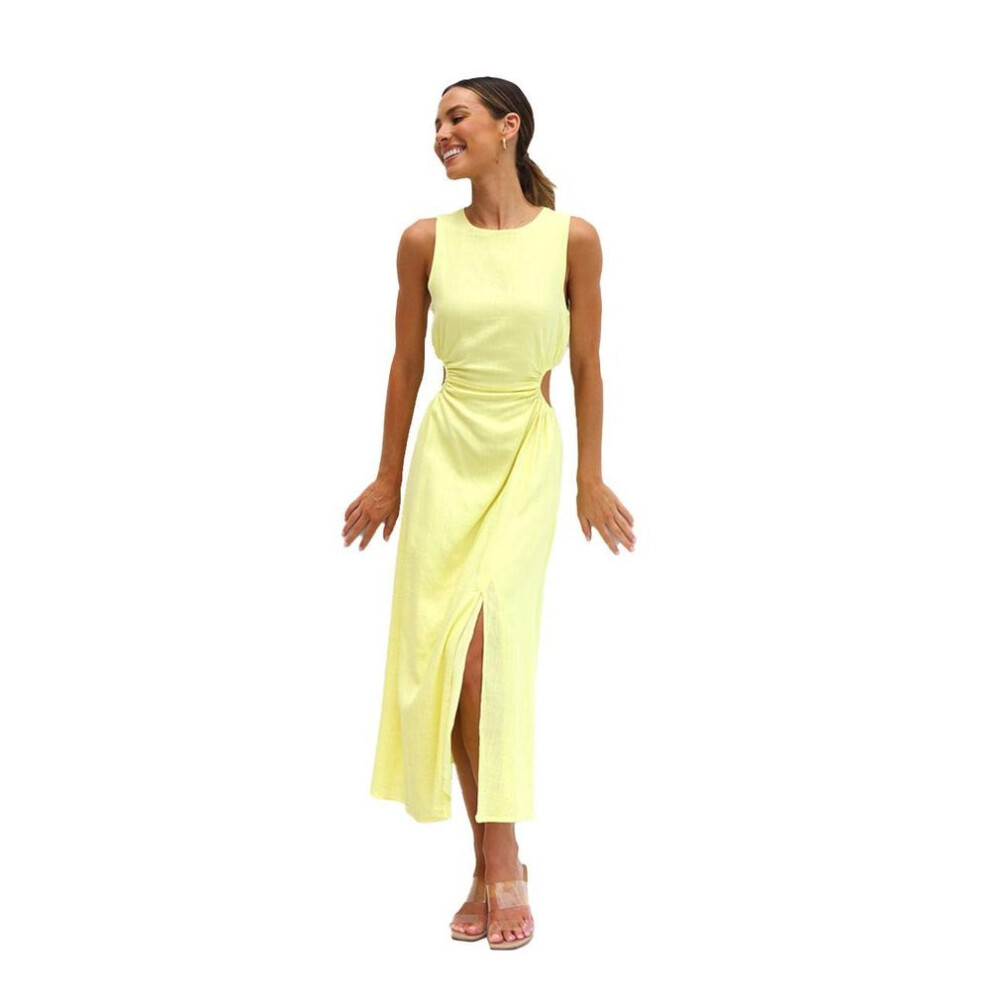 (yellow, XL) Women Spring Solid Color Sleeveless O-neck Slim Dress Summer Casual A-line High Waist Split Long Dresses S-xl